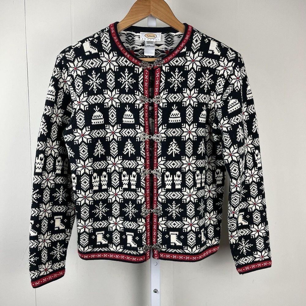 Talbots Petites Cardigan Sweater Womens 8P Nordic Style Cotton Snowflake Vintage